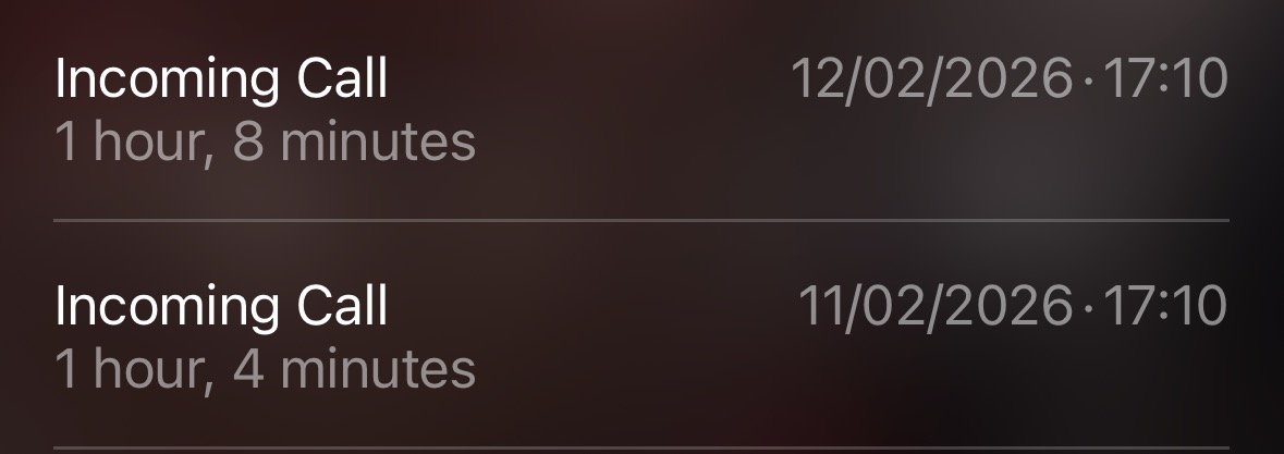 Incoming calls, 11 and 12 February 2026, just over an hour each