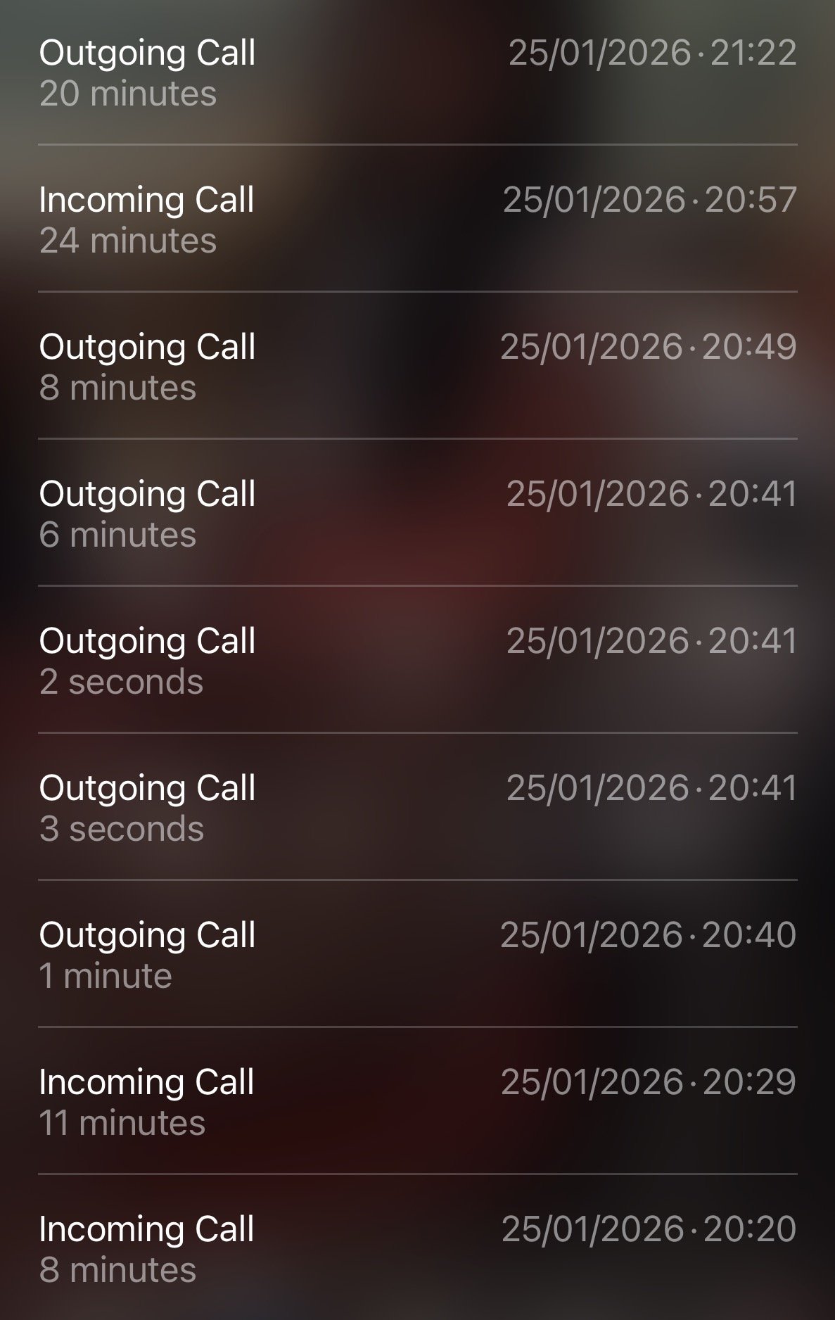 Nine calls in one evening on 25 January 2026, including a 2-second and a 3-second call in the same minute