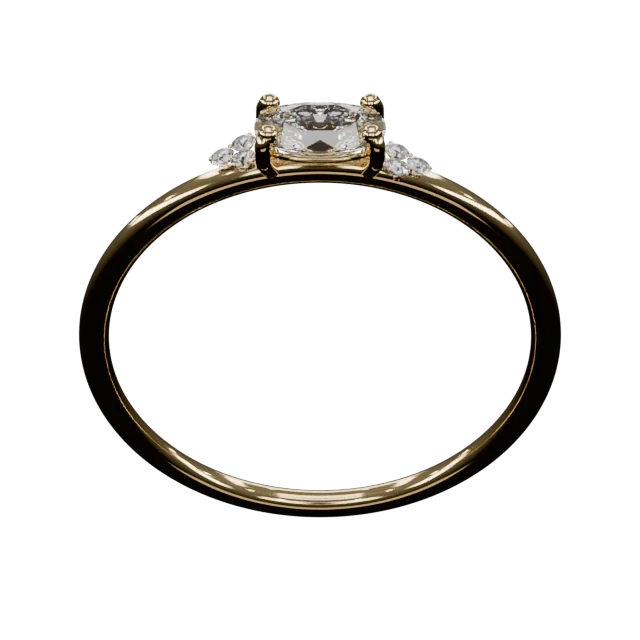 A yellow gold ring with an oval diamond set east-west in four claws, and a trio of small diamonds on each shoulder